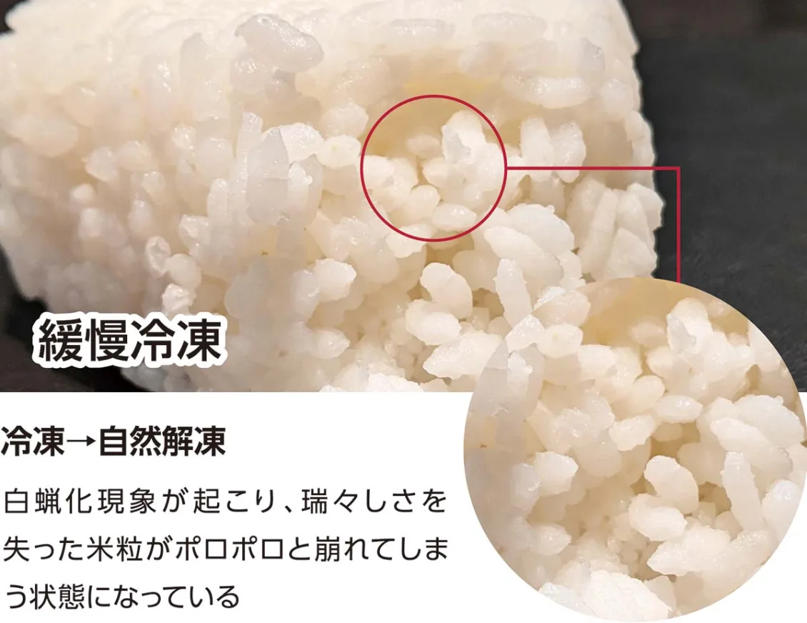 緩慢凍結したご飯(解凍後に白蝋化した状態)